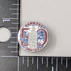 Vtg Taiwan Chinese 50 Anniversary Enamel Pin Round Globe Tower Badge Silver Red